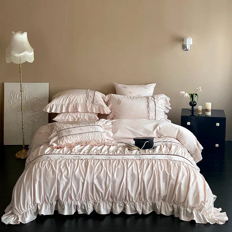 DecorBites™ 1000TC Cotton Flowers Embroidery Lace Ruffles Bedding Set