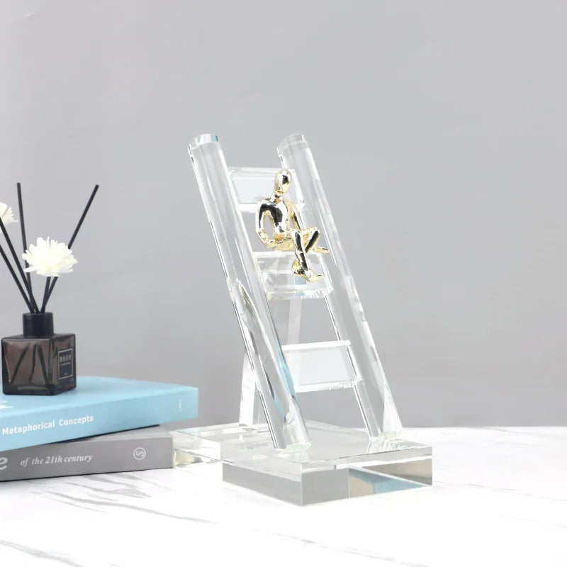 DecorBites™ Crystal Staircase Statue: Golden Man Climbing Handicrafts Glass Home Decor