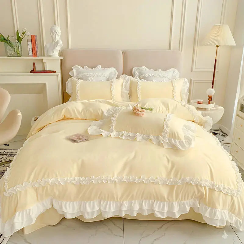 طقم سرير الأميرة الكورية لوليتا من 4 قطع من DecorBites™ من القطن المغسول السادة