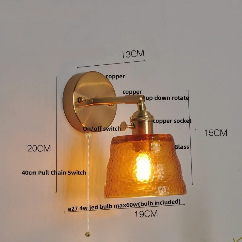 DecorBites™ Clear Glass LED Wall Sconce with Pull Chain Switch, Brass E27, Bedroom Reading Light