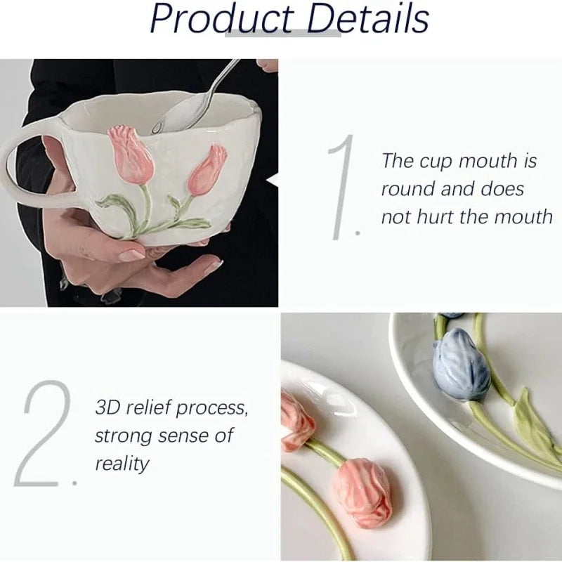 DecorBites™ 3D Embossed Tulip Ceramic Coffee Mug - Handcrafted Irregular Flower Cup