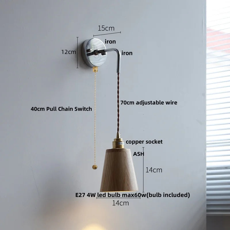 DecorBites™ Ash Wood LED Wall Light with Pull Chain Switch, Japanese Style Bedside Lamp