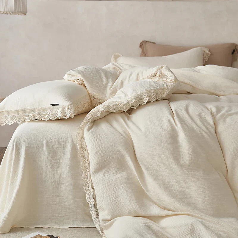 طقم شراشف سرير من القطن بحواف دانتيل من DecorBites™ لبشرة ناعمة مع لحاف وملاءات وأغطية وسائد