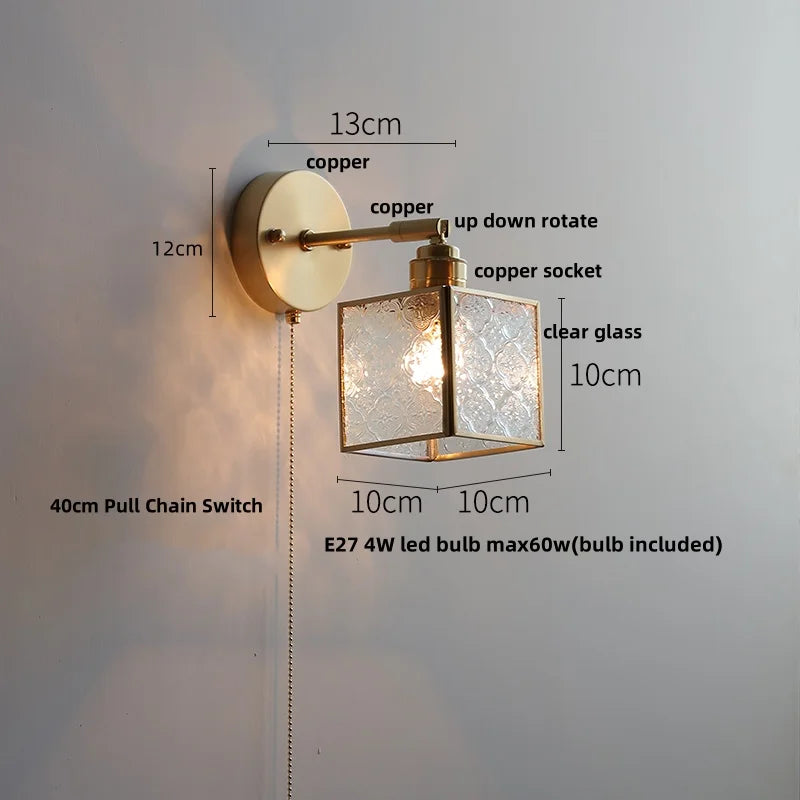DecorBites™ مصباح حائط LED على الطراز الياباني مع مفتاح سحب زجاجي شفاف ومصباح بجانب السرير