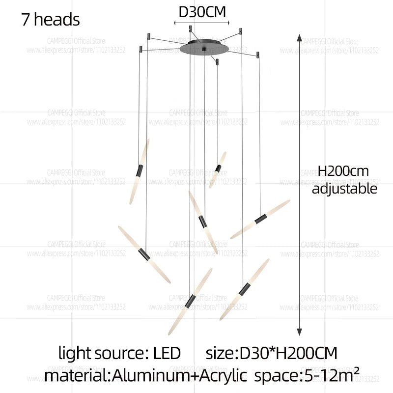 Modern Black Multi-Light Stairwell Pendant Light