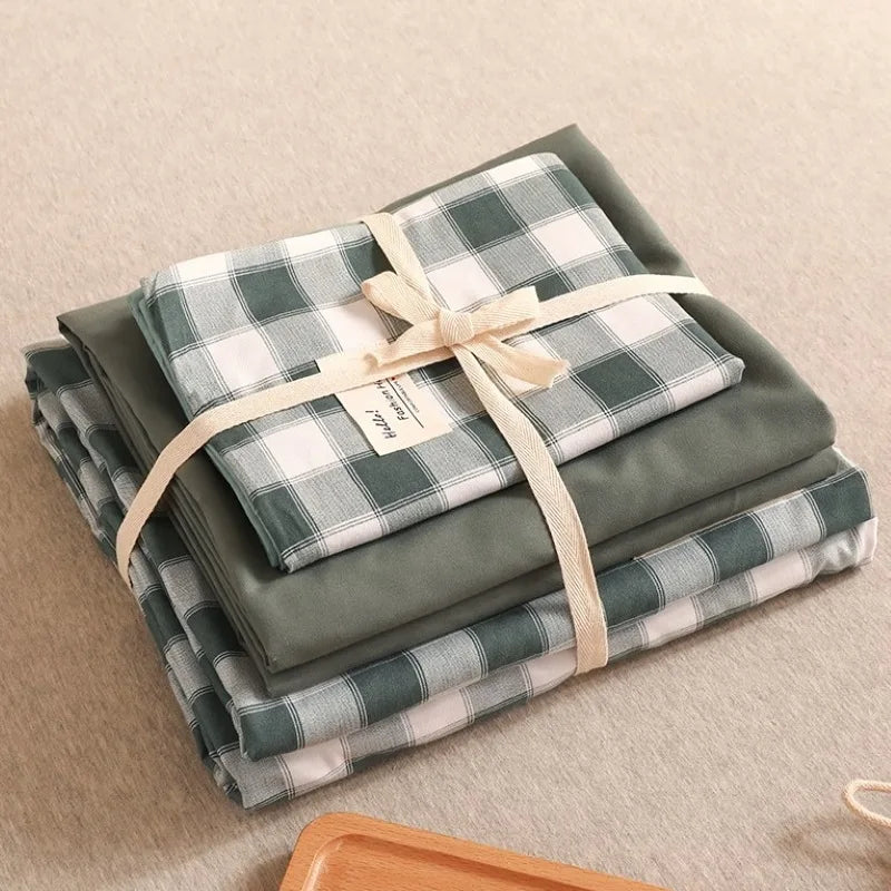 طقم مفروشات سرير قطني بطبعة شبكية يابانية من DecorBites™ مقاس كوين/كينغ لنوم مريح