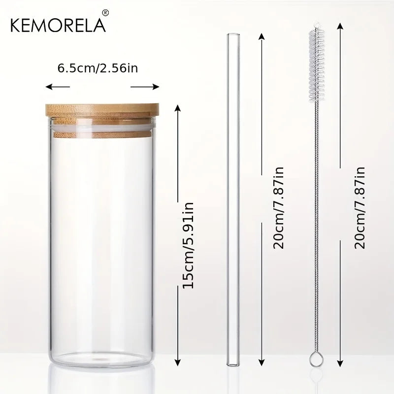 DecorBites™ 4-Piece Set Clear Glass Tumbler Cups with Bamboo Lids and Straws - 600ML