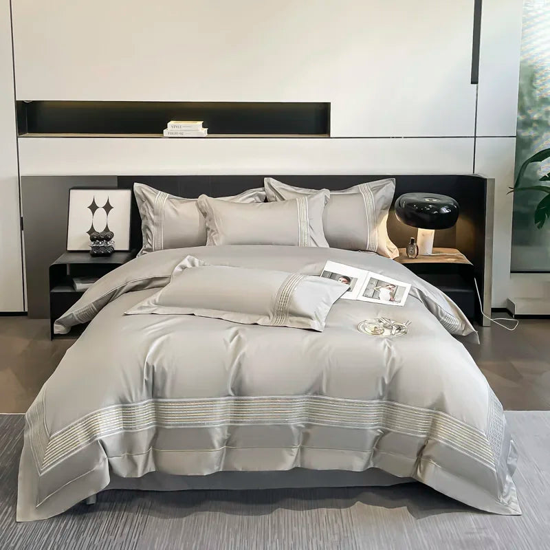 DecorBites™ 100s Egyptian Cotton Embroidery King Queen Bedding Set with Duvet Cover