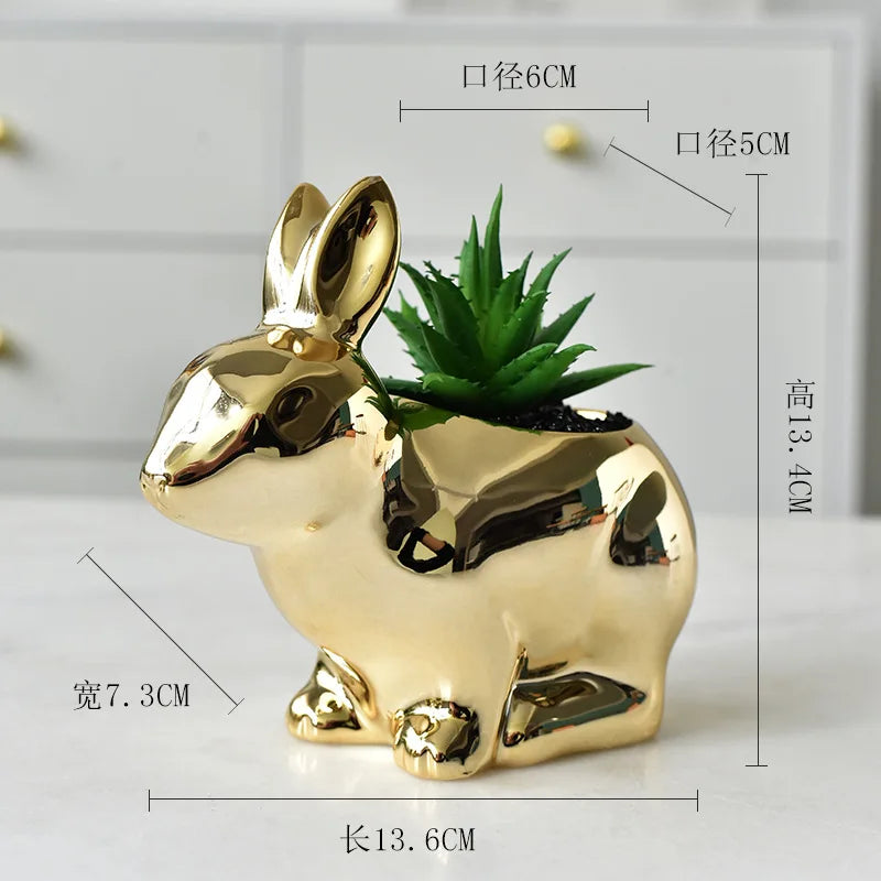 DecorBites™ Golden Rabbit Ceramic Flower Pot | Cartoon Succulent Planting Vase