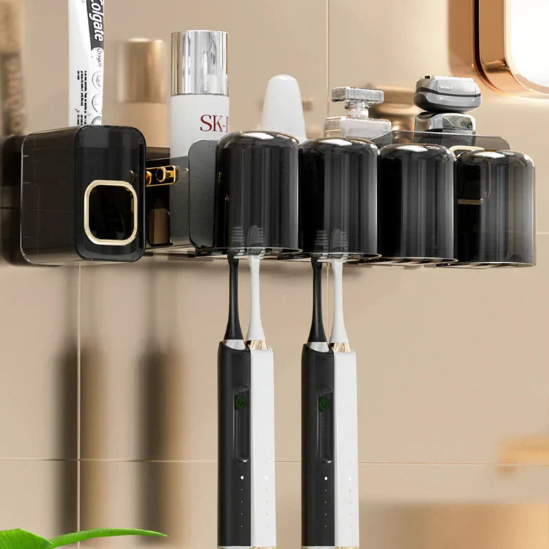 DecorBites™ Support de Brosse à Dents Inversé avec Distributeur de Dentifrice Automatique et Rangement de Maquillage