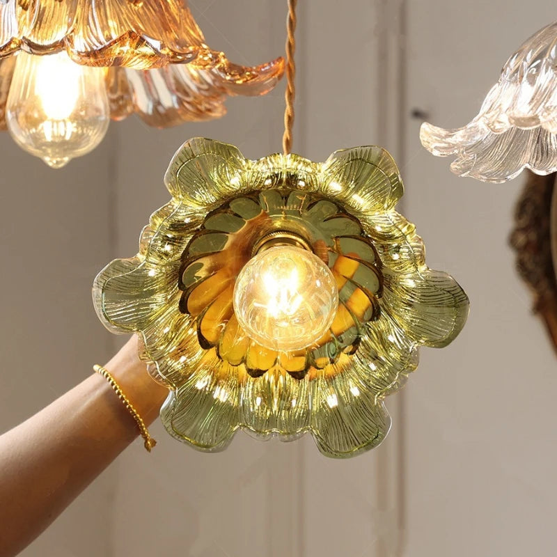Nordic Flower Glass Pendant Light in Green or Champagne