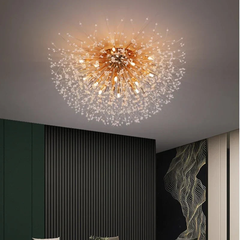 ثريا كريستال جولدن داندلايون من DecorBites™: مصباح سقف نورديك دافئ بتقنية LED لغرفة المعيشة الرومانسية.