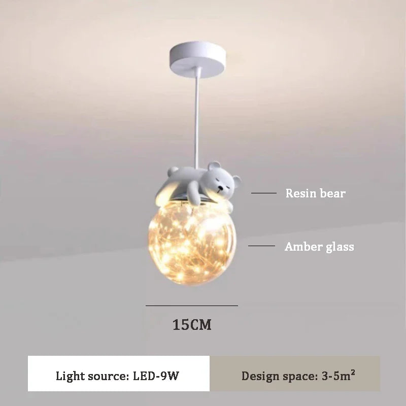 ثريات غرف الأطفال LED من DecorBites™ بتصميم دب أبيض وأرنب، مصباح معلق زجاجي لجانب السرير
