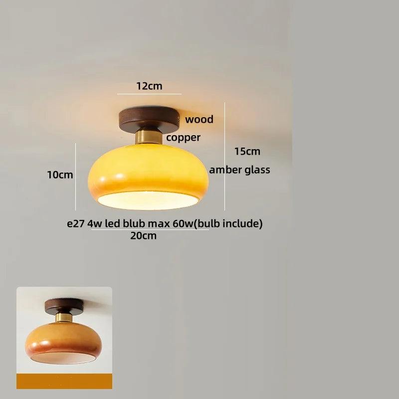 DecorBites™ Wood Copper LED Ceiling Light Amber Glass Plafond Lamp