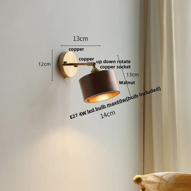 DecorBites™ LED Walnut Wood Wall Sconce Pull Chain Switch Modern Japanese Style Mirror Light