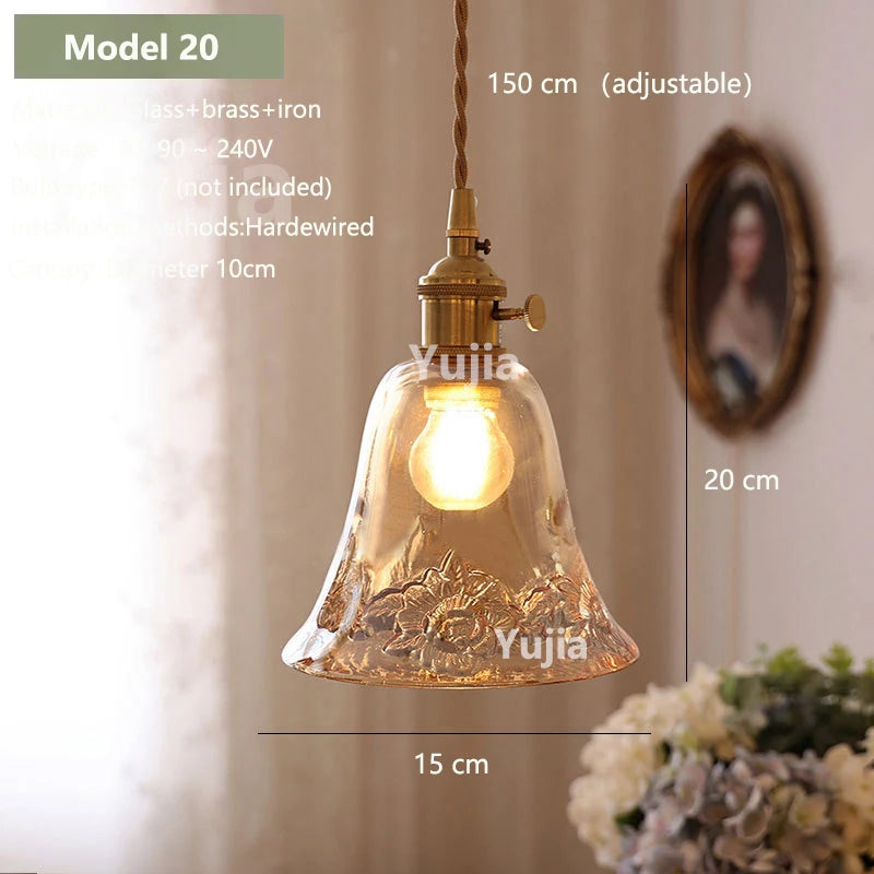 Vintage Amber Glass Pendant Light With Brass Detail