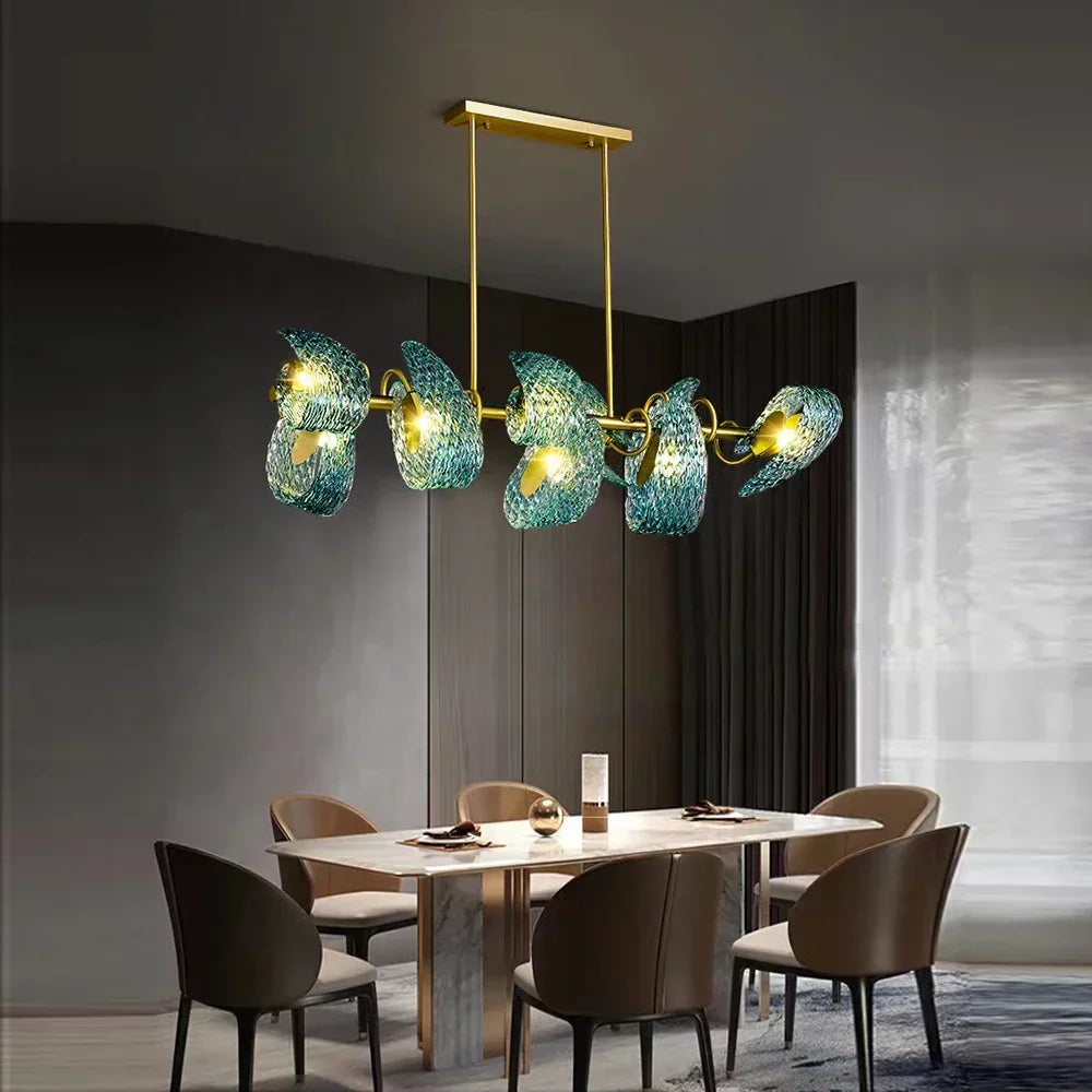 DecorBites™ ثريا سقف نحاسية على شكل ورقة شجر طاووس زرقاء بتصميم آرت ديكو بتقنية LED لغرفة المعيشة