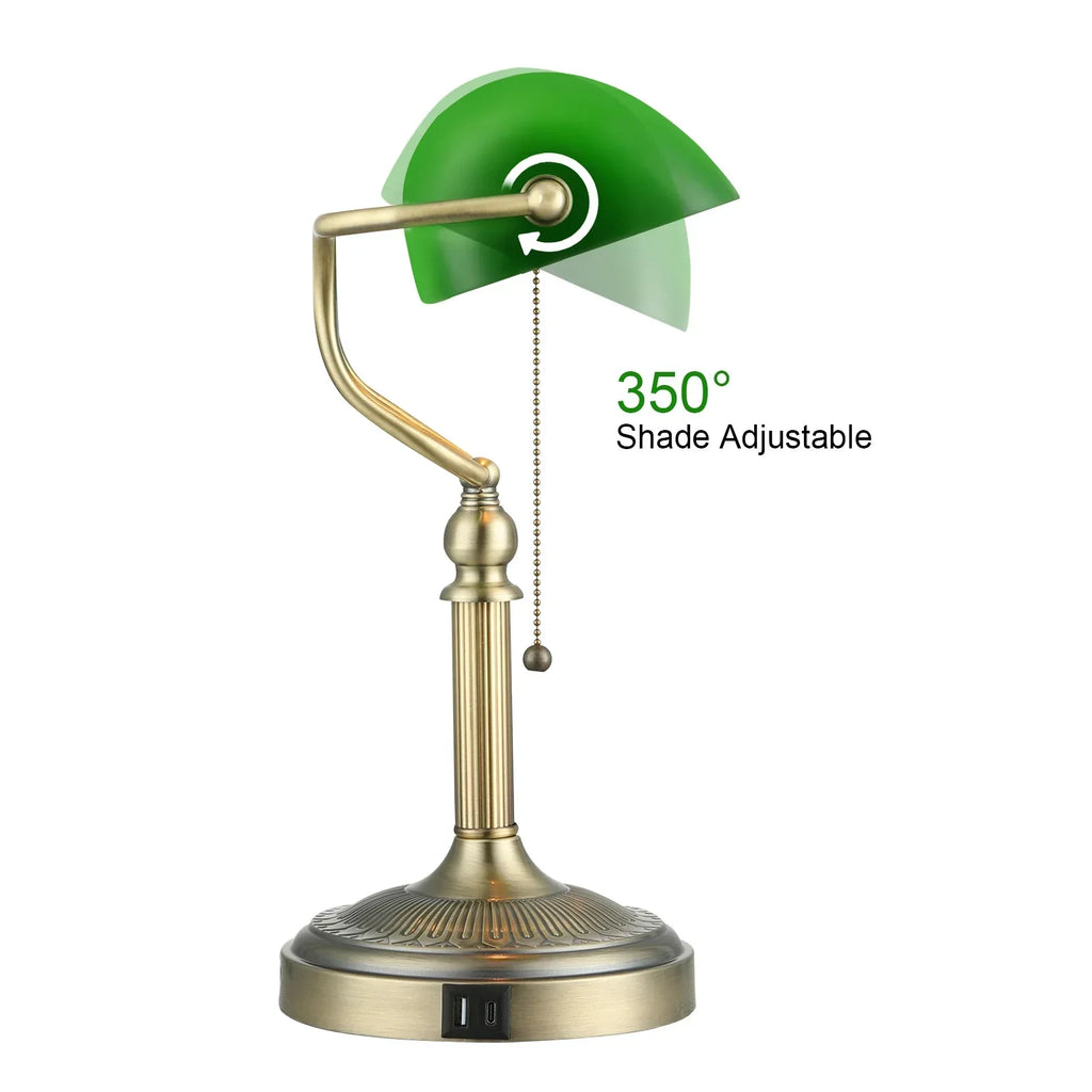 مصباح مكتب مصرفيين زجاجي أخضر DecorBites™ مع منفذ شحن USB ومفتاح سحب بسلسلة
