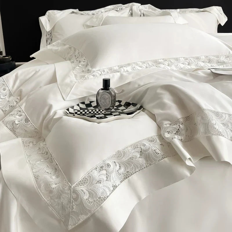 طقم مفروشات من 4 قطع بتصميم واسع مجوف من DecorBites™ مطرز بالدانتيل قطن مصري 1200TC
