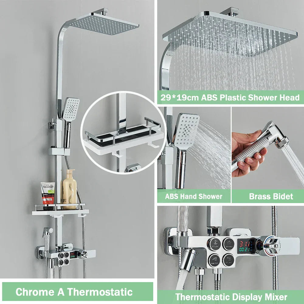 DecorBites™ Gold Thermostatic Shower Faucet Set: Smart Digital Mixer, Wall Mounted Rainfall System