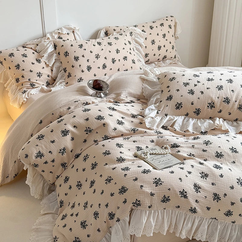 DecorBites™ French Lace Ruffles Floral 100% Cotton Bedding Set with Duvet Cover, Sheet, Pillowcases