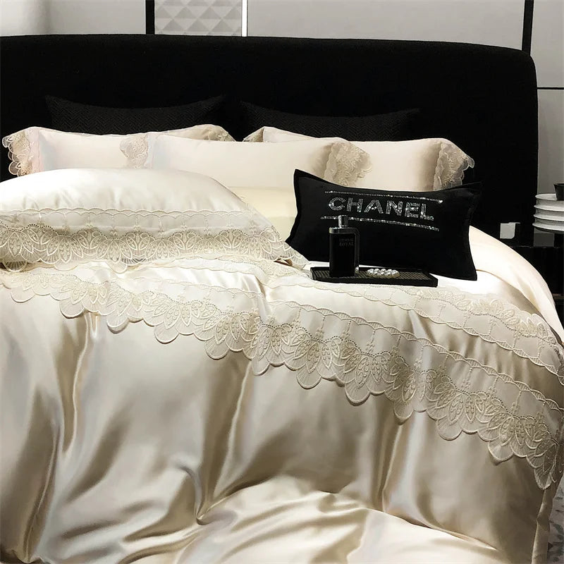 طقم ملاءات سرير فاخر من الدانتيل المرقع من الحرير والقطن DecorBites™ مقاس كوين وكينج