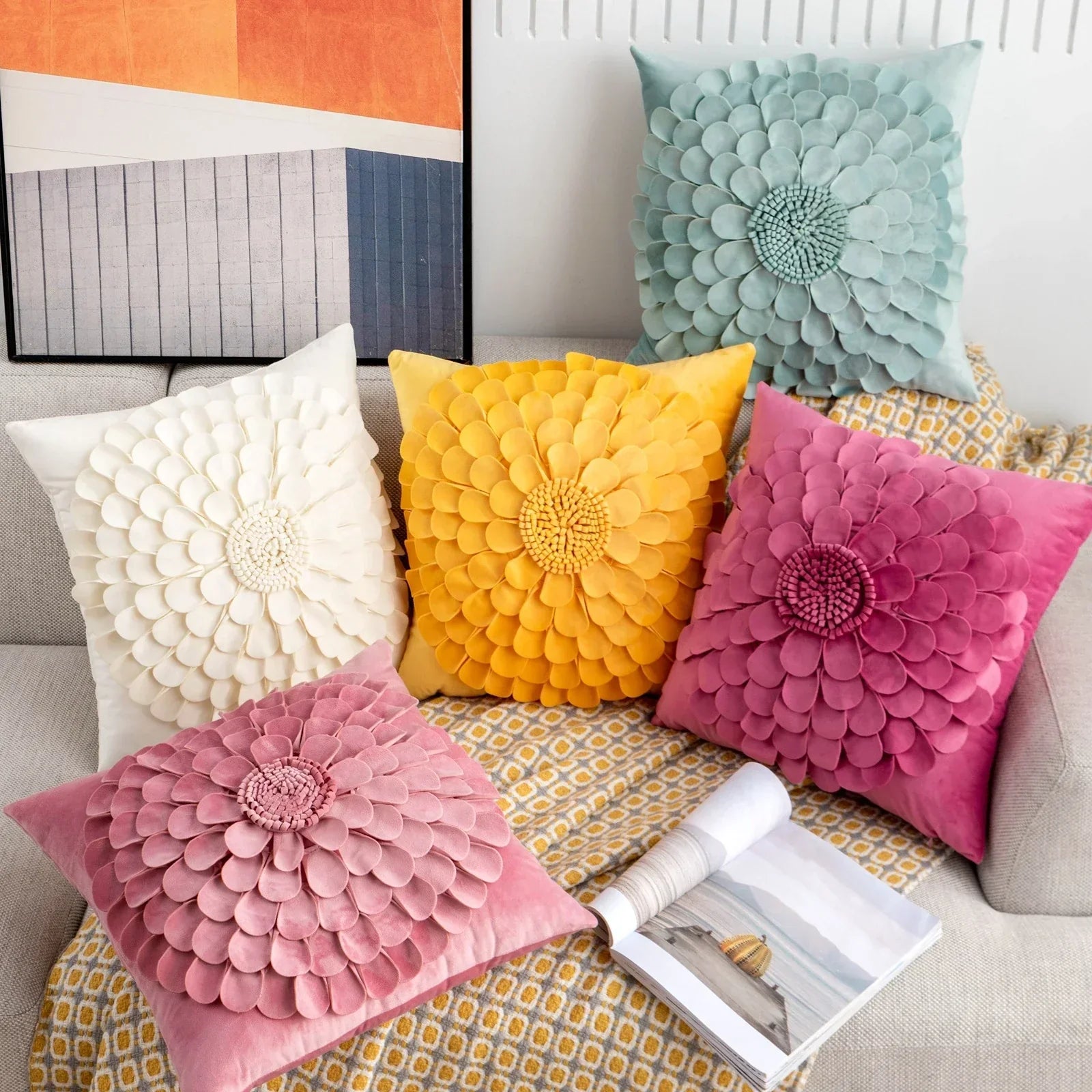 DecorBites™ 3D Velvet Flower Pillow Covers in Yellow Beige 45x45cm