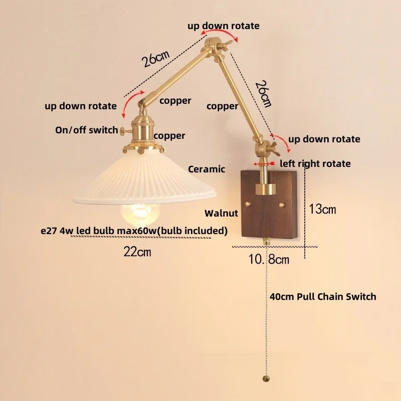 DecorBites™ Cube Glass LED Wall Sconce Walnut Wood 2 Arms Rotatable Mirror Light