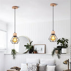 Vintage Black Wood and Iron Cage Pendant Light