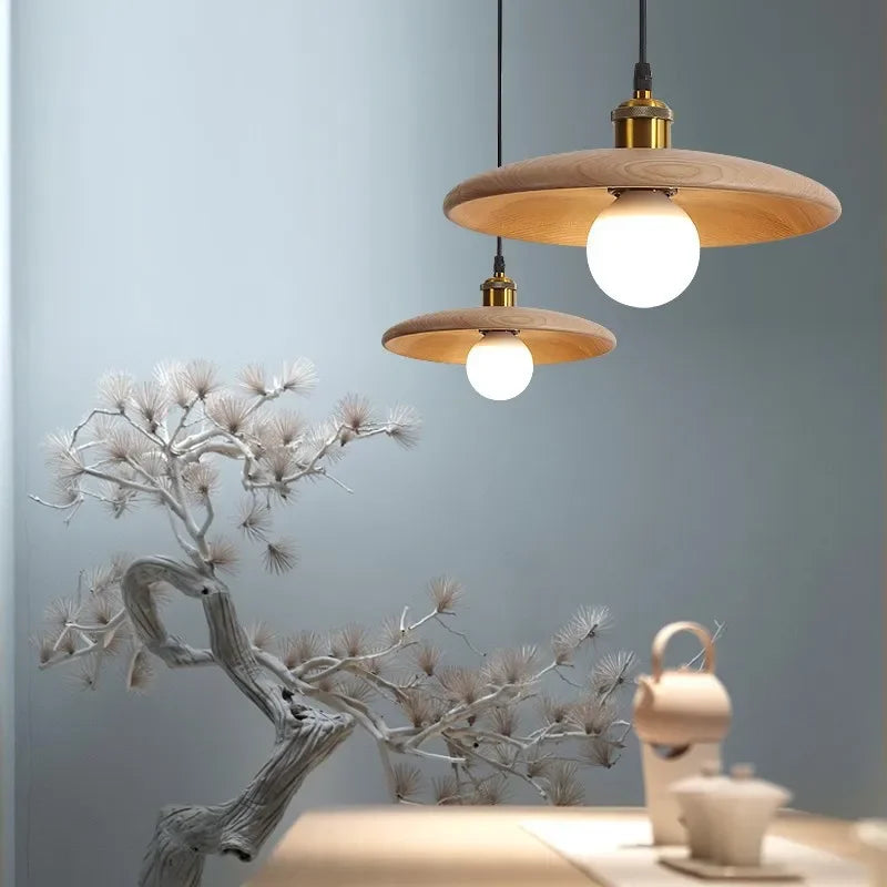 Solid Wood Pendant Light With Three-Color Dimming