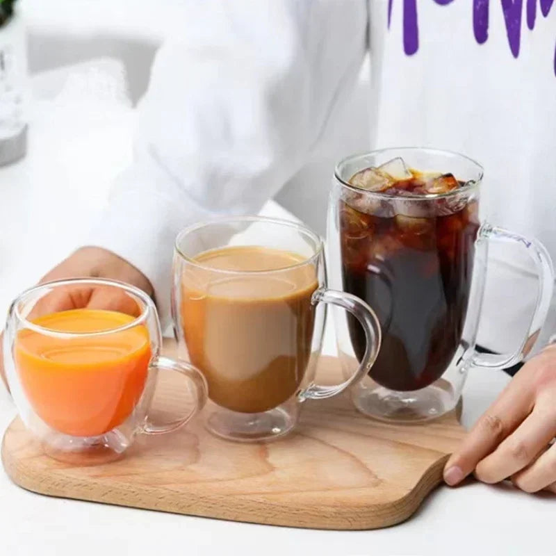 DecorBites™ Double Wall High Borosilicate Glass Mug with Handle, Heat Resistant Coffee Cup