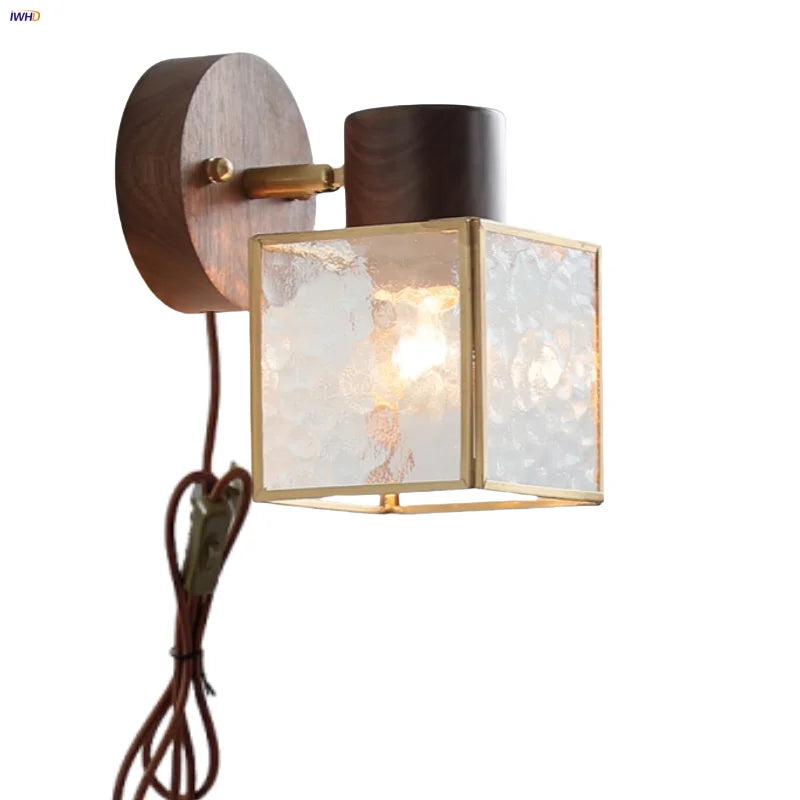 DecorBites™ Clear Glass LED Wall Sconce Walnut Wood Bedroom Living Room Modern Fixture