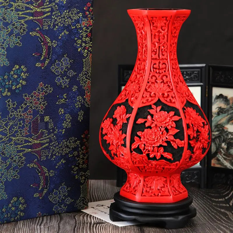 DecorBites™ 10-inch Red Lacquerware Flower Auspicious Vase