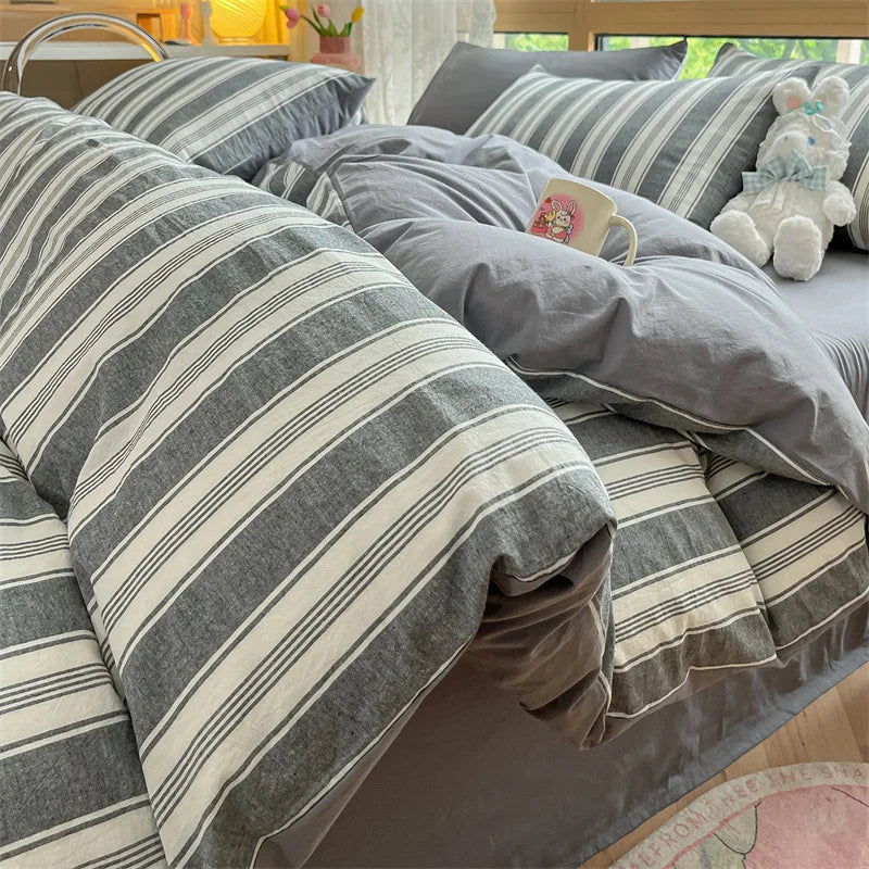 DecorBites™ Cotton Striped Bedding Set Yarn Dyed Washed Duvet Cover Single Bedclothes