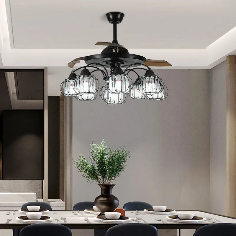 DecorBites™ Black Crystal LED Ceiling Fan Chandelier, 6/9 Heads, Remote Control, Reverse Motor