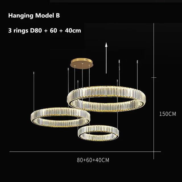 نجفة DecorBites™ الكريستالية المزودة بحلقات LED - تركيبات إضاءة متدلية فاخرة للفلل والسلالم