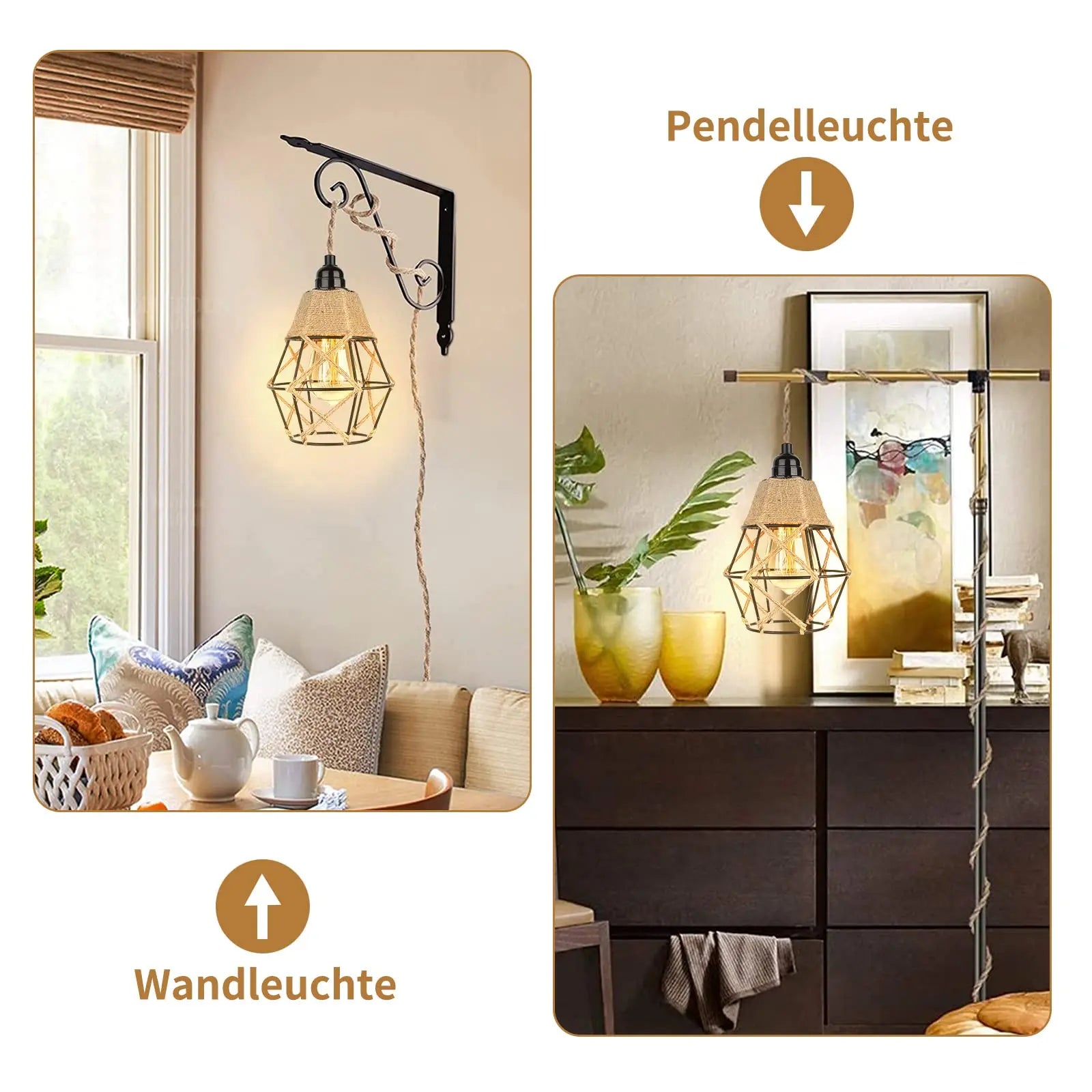 Vintage Industrial Hemp Rope Plug-In Pendant Light