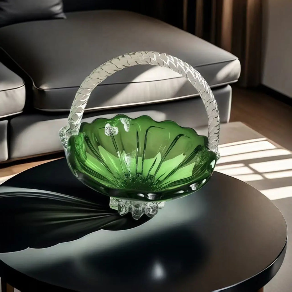 DecorBites™ Crystal Handle Fruit Basket Glass Tray for Coffee Table, Elegant Living Room Decor