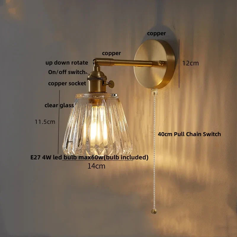 DecorBites™ Clear Glass LED Wall Sconce, Modern Rotating Bedside Lamp with Pull Chain & Copper Socket
