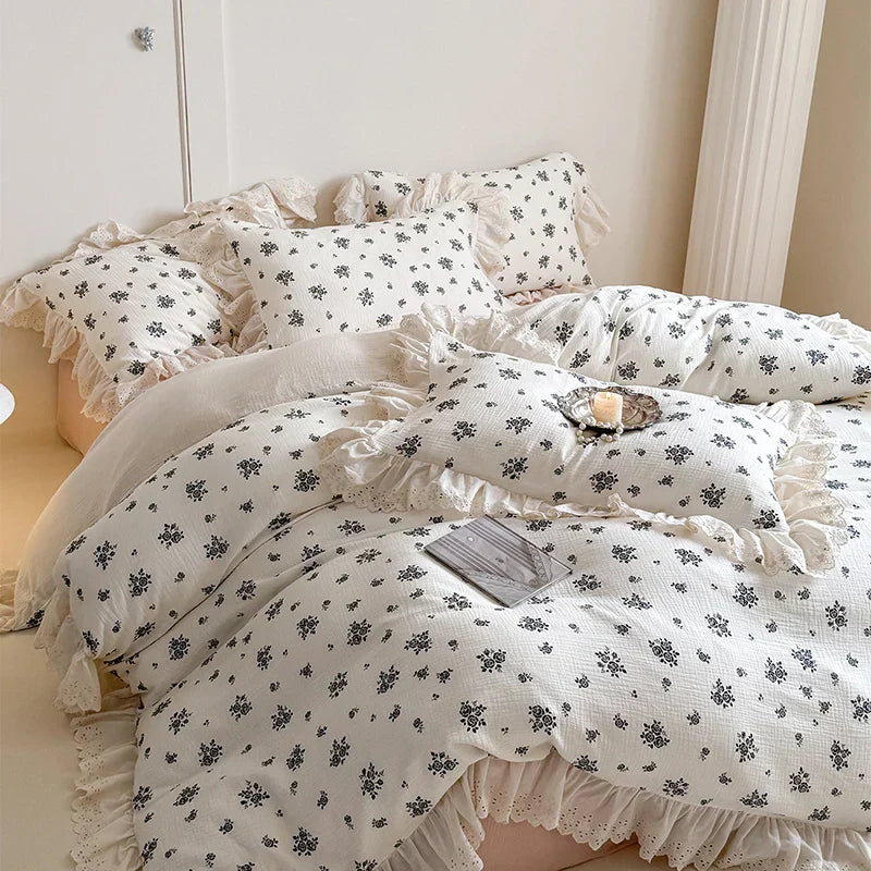 DecorBites™ French Lace Ruffles Floral 100% Cotton Bedding Set with Duvet Cover, Sheet, Pillowcases