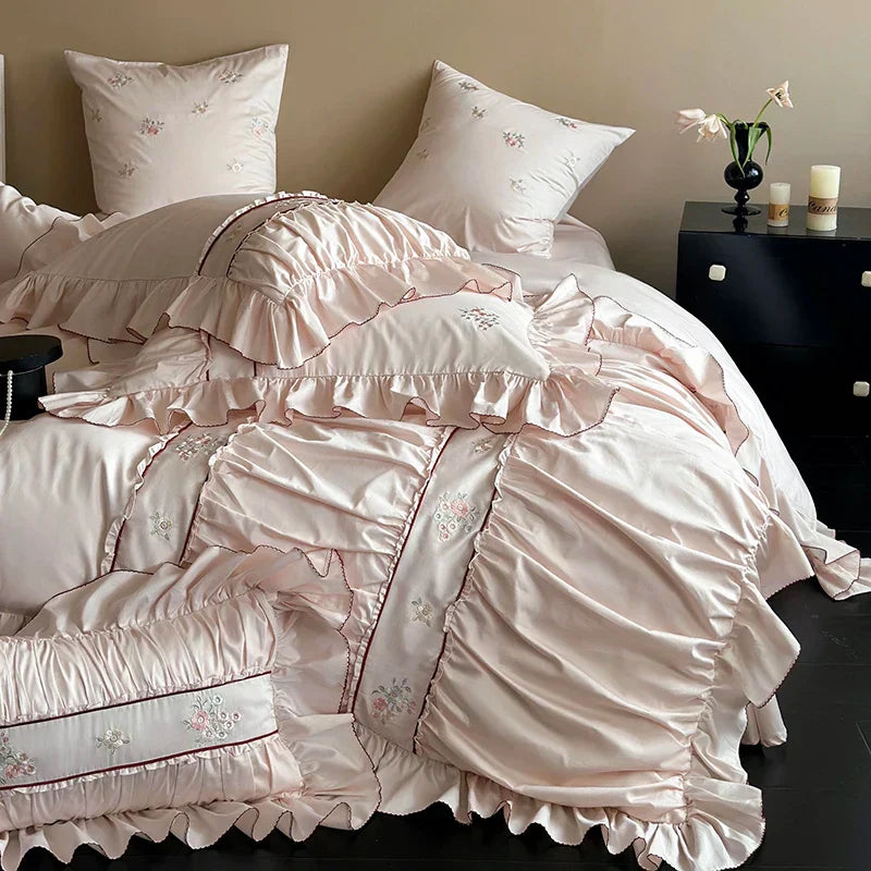 DecorBites™ 1000TC Cotton Flowers Embroidery Lace Ruffles Bedding Set