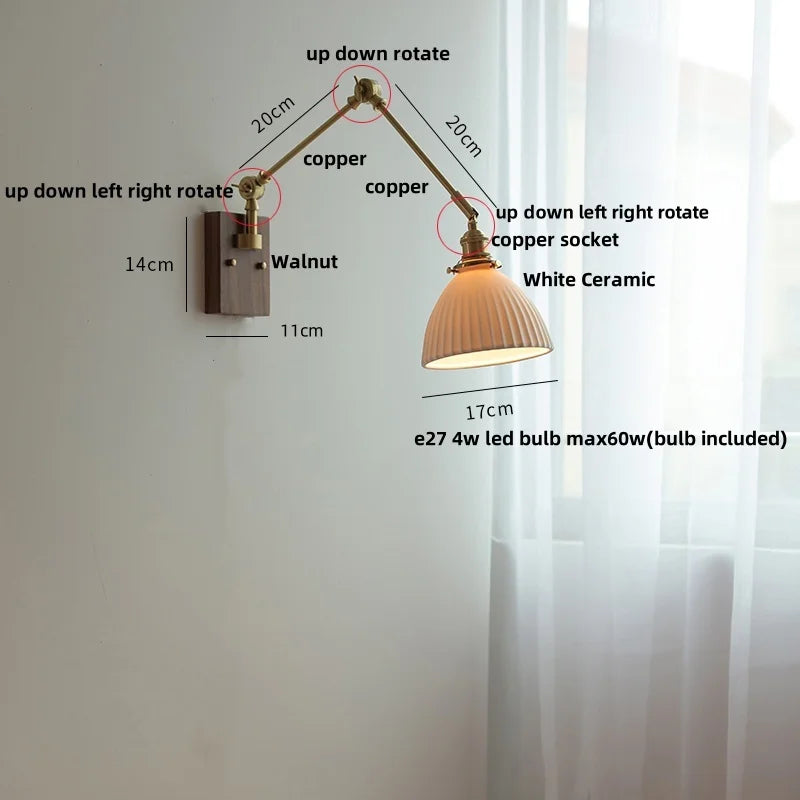 DecorBites™ Ceramic LED Wall Light Rotatable Walnut Bedside Lamp