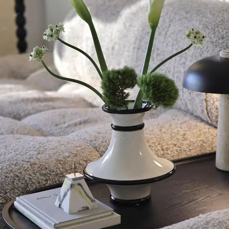 DecorBites™ Geometric Black White Stripes Ceramic Vase Home Decor Floral Arrangement