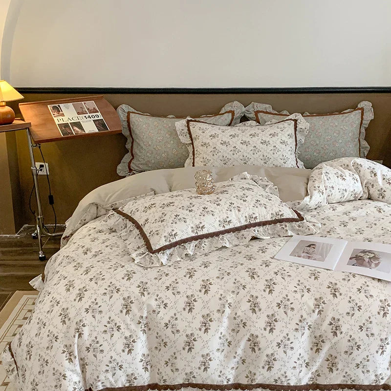 DecorBites™ French Floral Bedding Set, 100% Cotton, Ruffles, Duvet Cover, Bed Sheet, Pillowcases