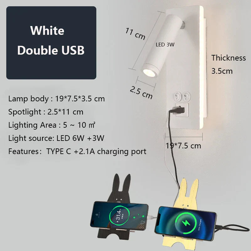 DecorBites™ Black Brass LED Wall Lamp with USB Port & Switch - 3W Spotlight for Bedroom
