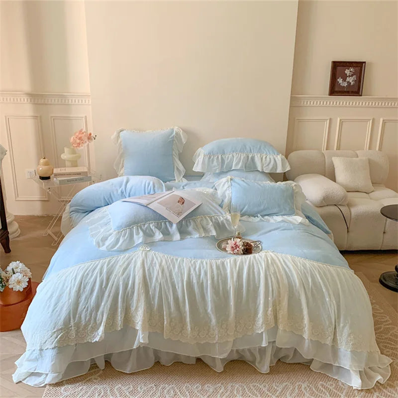 DecorBites™ French Princess Velvet Bedding Set, Queen Size with Lace Ruffles