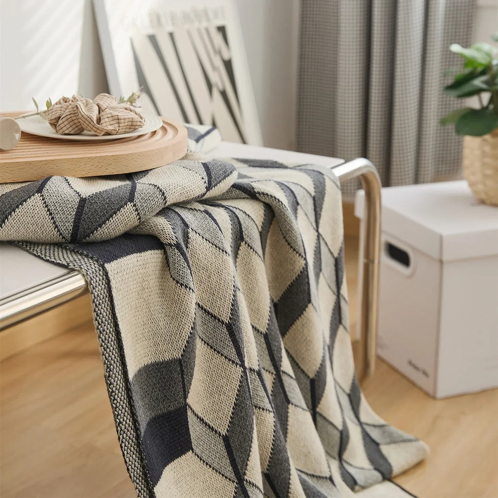 DecorBites™ 3D Cube Cotton Knitted Plaid Blanket - Soft and Cozy Nordic Bedspread