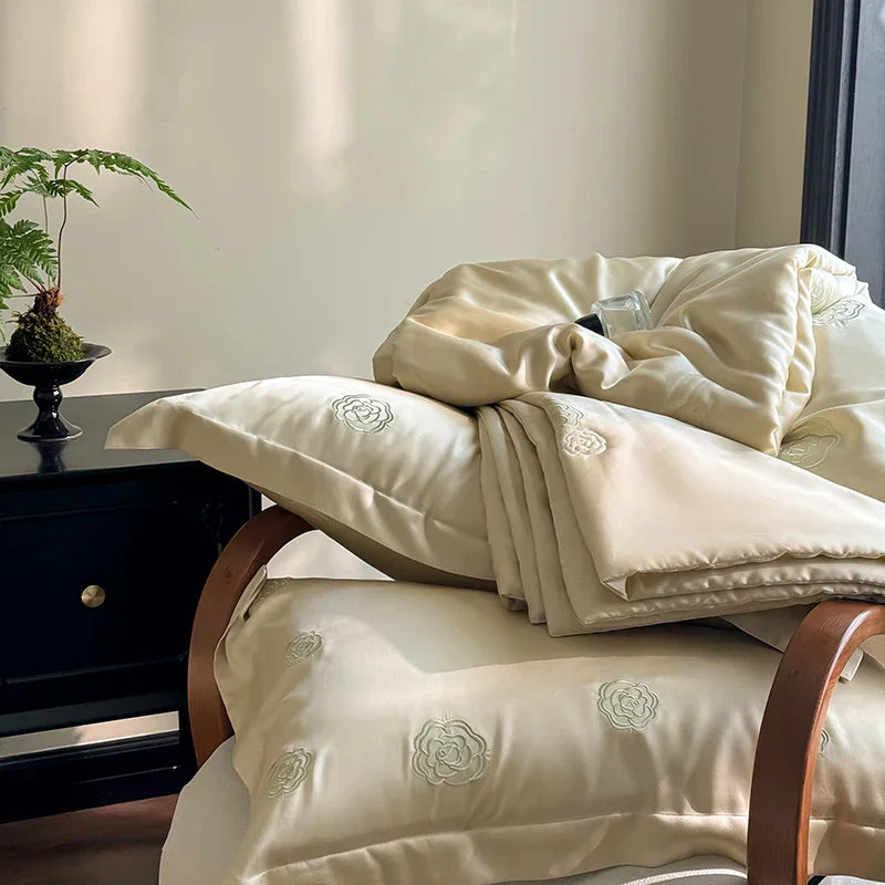 DecorBites™ Eucalyptus Fiber Flower Embroidery Quilt Set with Bed Sheet & Pillowcase