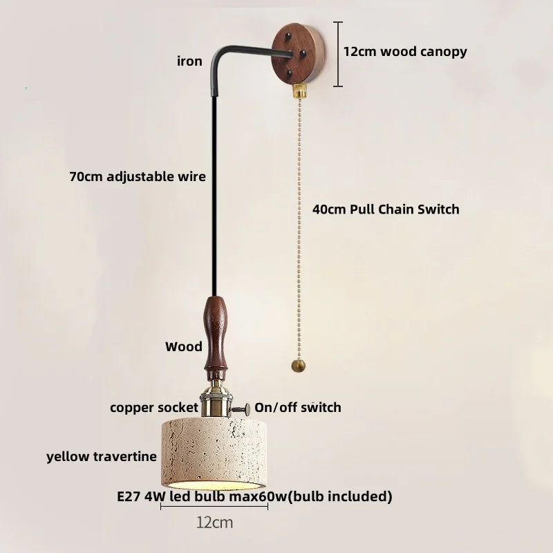 DecorBites™ Copper Wood LED Wall Sconce Yellow Travertine Stone Bedside Light