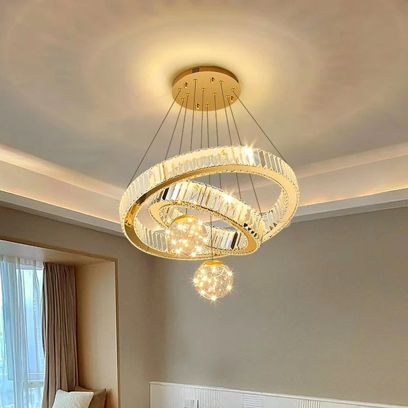 Modern Crystal Multi-Ring Pendant Light in Brushed Steel